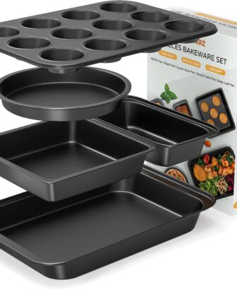 5 Pieces Baking Pans Set, Nonstick Baking Sheet Tray Oven Pans Bakeware Set, Baking Supplies with Round/Square Cake Pan, Muffin Pan, Loaf Pan, Roast Pan, Stackable Baking Sets for Cooking
