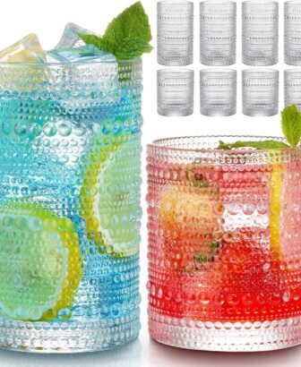 Hlukana Vintage Hobnail Drinking Glasses Set of 8, 12 oz Highball Glasses & 10 oz Cocktail Glasses Set, Kitchen Water Glasses Cup, Bar Tumbler Glassware Set for Beer, Juice, Cocktail, Whiskey, Milk